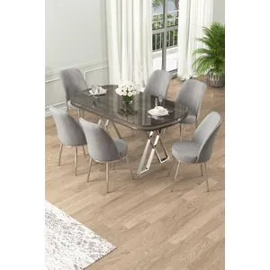 Lai - Set Trpezarijskog Stola i Stolica (7 Delova) - Antracit, Hrom, Sivi