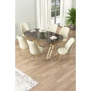 Lai - Set Trpezarijskog Stola i Stolica (7 Delova) - Antracit, Zlato, Krem