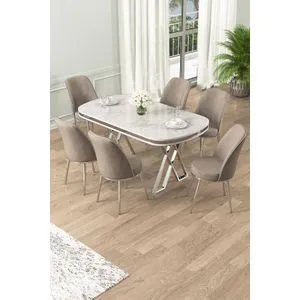 Lai - Set Trpezarijskog Stola i Stolica (7 Delova) - Bela, Hrom, Kapučino