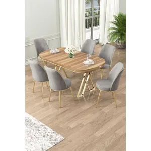 Lai - Set Trpezarijskog Stola i Stolica (7 Delova) - Svetli Orah, Zlato, Siva