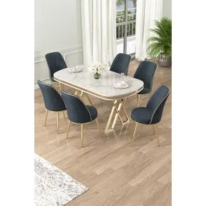 Lai - Set Trpezarijskog Stola i Stolica (7 Delova) u Beloj, Zlatnoj i Antracit Sivoj