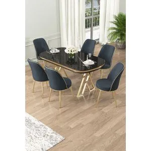 Lai - Set Trpezarijskog Stola i Stolica (7 Delova) u Crnom Mramoru i Zlatnoj Boji