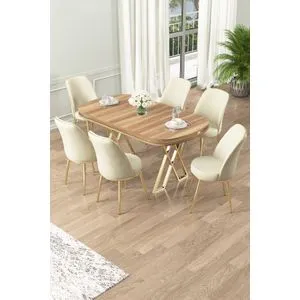 Lai - Set Trpezarijskog Stola i Stolica (7 Delova) u Svetlom Orahu, Zlatu i Krem