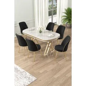 Lai - White, Gold, Black White
Gold
Black Dining Table & Chairs Set (7 Pieces)