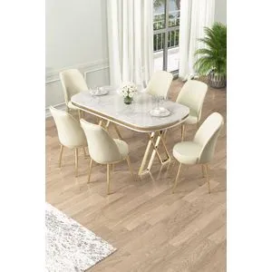 Lai - White, Gold, Cream White
Gold
Cream Dining Table & Chairs Set (7 Pieces)