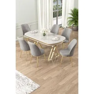Lai - White, Gold, Grey White
Gold
Grey Dining Table & Chairs Set (7 Pieces)