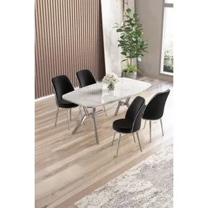 Lena - White Marble, Chrome, Black BEYAZ MERMER KROM
SİYAH Dining Table &amp; Chairs Set (5 Pieces)