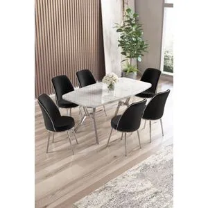 Lena - White Marble, Chrome, Black BEYAZ MERMER KROM
SİYAH Dining Table &amp; Chairs Set (7 Pieces)