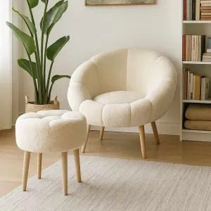 Lida - Cream Cream Wing Chair &amp; Pouffe Set (2 Pieces)