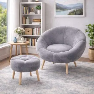 Lida - Grey Grey Wing Chair &amp; Pouffe Set (2 Pieces)