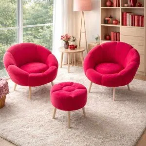 Lida Wellsoft - Fuchsia Fuchsia Wing Chair &amp; Pouffe Set (3 Pieces)