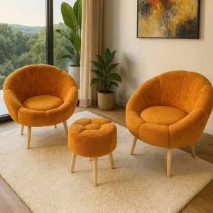 Lida Wellsoft - Orange Orange Wing Chair &amp; Pouffe Set (3 Pieces)
