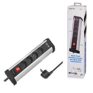 Logilink produžni kabl 4 mesta, 2 USB, prekidač, stalak, 3.0m, aluminium