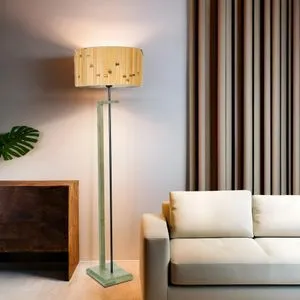 Menekşe Yeşil Lambader Silindir Bambu 02 Abajurlu Green Floor Lamp