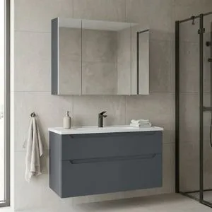 Messina 100 v2 - 386 Matte Anthracite Bathroom Cabinet With Sink &amp; Mirror Set (2 Pieces)