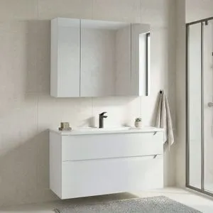 Messina 100 v2 - 387 Matte White Bathroom Cabinet With Sink &amp; Mirror Set (2 Pieces)