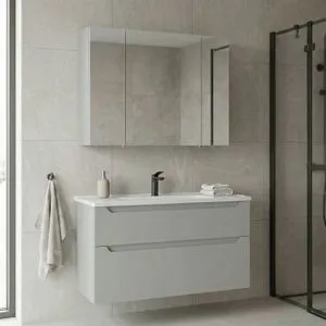 Messina 100 v2 - 388 Matte Cashmere Bathroom Cabinet With Sink &amp; Mirror Set (2 Pieces)