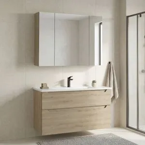 Messina 100 v2 - 390 Oak Bathroom Cabinet With Sink &amp; Mirror Set (2 Pieces)
