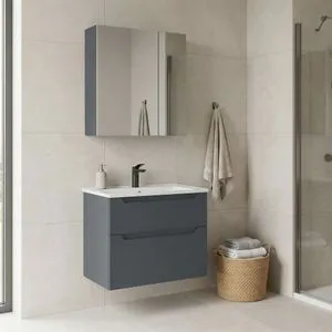 Messina 65 v2 - 400 Matte Anthracite Bathroom Cabinet With Sink &amp; Mirror Set (2 Pieces)