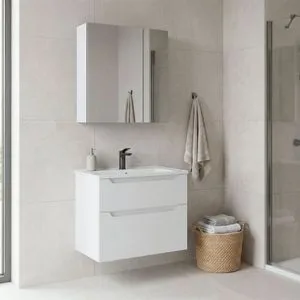 Messina 65 v2 - 401 Matte White Bathroom Cabinet With Sink &amp; Mirror Set (2 Pieces)