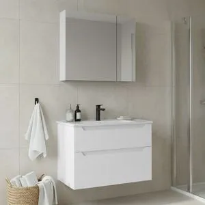 Messina 85 v2 - 416 Matte White Bathroom Cabinet With Sink &amp; Mirror Set (2 Pieces)