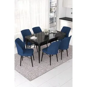Nef - Black Marble, Navy Blue Black Marble
Navy Blue Extendable Dining Table & Chairs Set (7 Pieces)