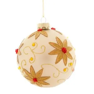 Novogodišnja staklena kugla krem boje, cvetići D.8CM