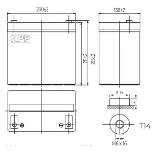 NPP NPG12V-55Ah, GEL BATTERY, C20=55AH, T14, 230*138*208*212, 15KG, Light grey