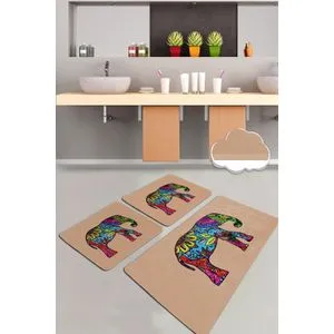 Olifant - Beige Multicolor Bathmat Set (3 Pieces)