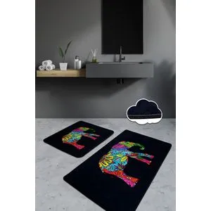 Olifant - Black Multicolor Bathmat Set (2 Pieces)
