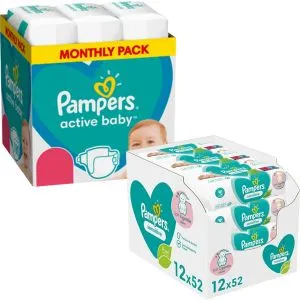 Pampers Active baby  mesečno pakovanje pelena + Pampers vlažne maramice sensitive 12X52 XXL