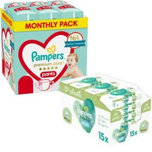 Pampers Premium Care Pants mesečno pakovanje pelena + Pampers vlažne maramice Harmonie Aqua Plast...