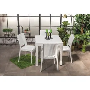 Rattan 80x80 Small Masa Takimi - White White Garden Table & Chairs Set (5 Pieces)