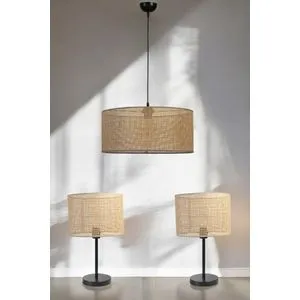 Örgülü Rattan Abajur Avize 3 Lü Set Beige Chandelier & Table Lamp Set
