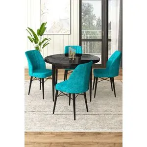 Rox - Set Trpezarijskog Stola i Stolica u Crnoj i Tirkiznoj Mramornoj Boji (5 Delova)