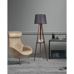 Sehbalı Tripod Ceviz Lambader Pramit Hasır Siyah Abajurlu