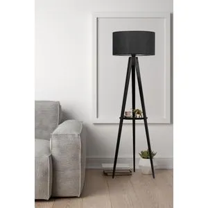 Sehpalı Tripod Siyah Silindir Siyah Abajurlu Lambader Black Floor Lamp