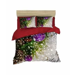 Set Posteljine 409 Crveno-Belo-Ljubičasto-Zeleni Dizajn, Dupli