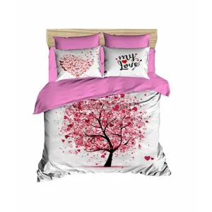 Set Posteljine sa Duplim Prekrivačem u Beloj, Roze i Crvenoj Boji