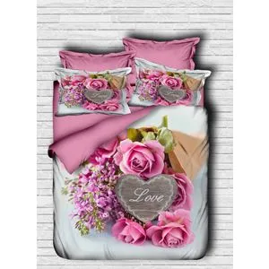 Set Posteljine sa Duplim Prekrivačem u Bojama Roze, Sive i Bele