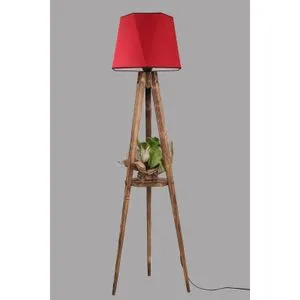 Stojeća Lampa sa Drvenim Postoljem i Crvenim Abažurom