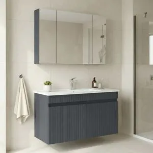 Tivoli 100 - 696 Matte Anthracite Bathroom Cabinet With Sink &amp; Mirror Set (2 Pieces)