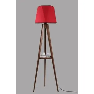 Tripod podna lampa sa drvenim postoljem i crvenim abažurom