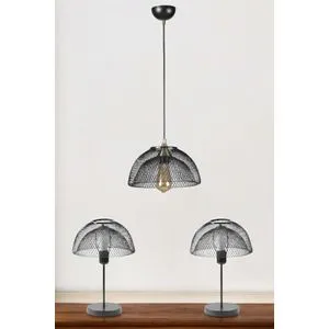 Ufo Avize Abajur 3 Lü Siyah Set Black Chandelier & Table Lamp Set