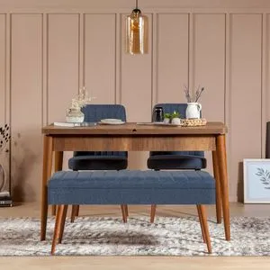 Vina 1048 - 3 - Tamni orah, Tamnoplava ekspanzivna trpezarijska stolica i stolovi (4 komada)