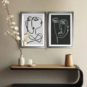 WallXpert set od 2 uramljene MDF slike 2PANTCT-001, apstraktna lica crtana jednom linijom, crno-belo, 38 x 53 cm