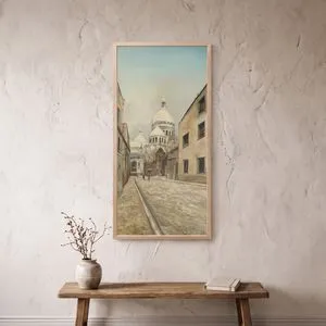 WallXpert uramljena MDF slika ARTSNTMDL15, kaldrmisana ulica na Monmartru i bazilika Sakre Ker, 50 x 120 cm