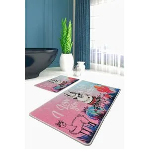 White Lama Multicolor Bathmat Set (2 Pieces)