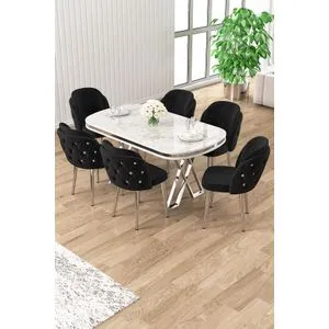Zae - White Marble, Chrome, Black BEYAZ MERMER KROM
SİYAH Dining Table &amp; Chairs Set (7 Pieces)
