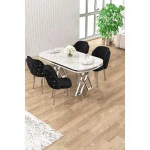 Zae - White Marble, Chrome, Black BEYAZ MERMER KROM
SİYAH Dining Table &amp; Chairs Set (5 Pieces)